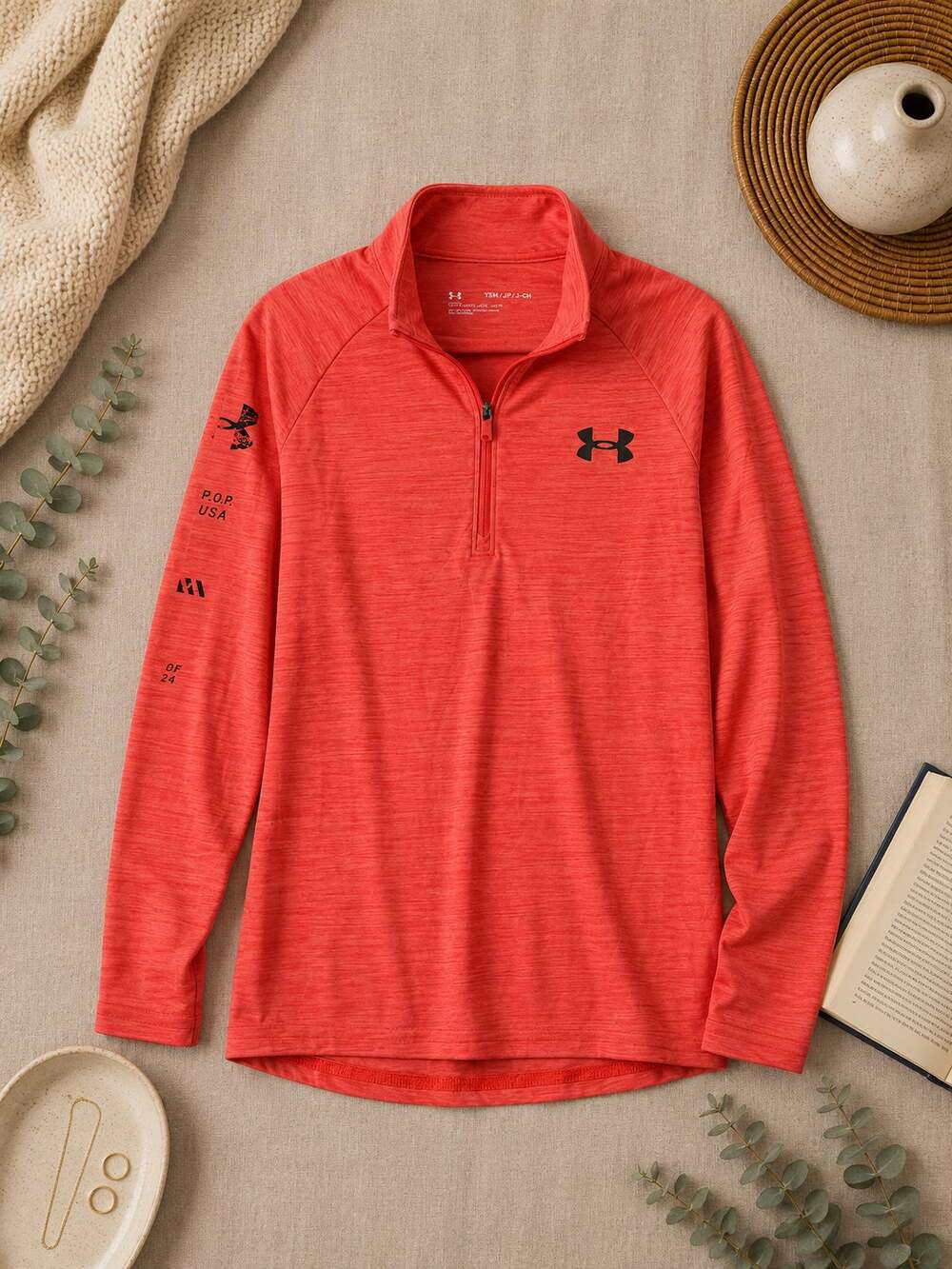 Under Armour Boy's Velocity 1/2 Zip Activewear Top Long Sleeve Coral Red Size S